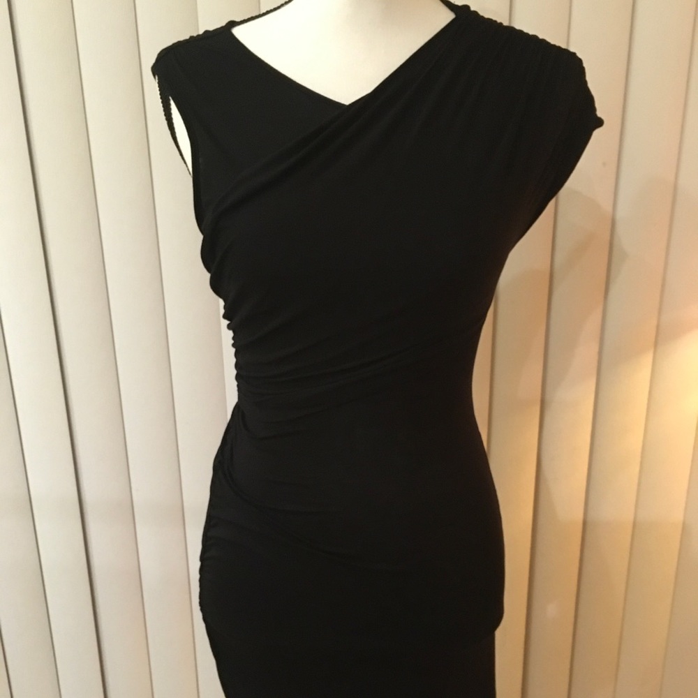 BCBG Maxazria Black sexy mini dress, tied to the body, v neck